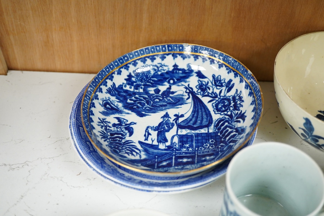 A group of 18th century Worcester, Liverpool etc. blue and white tea and coffee wares, teapot 9.5cm high